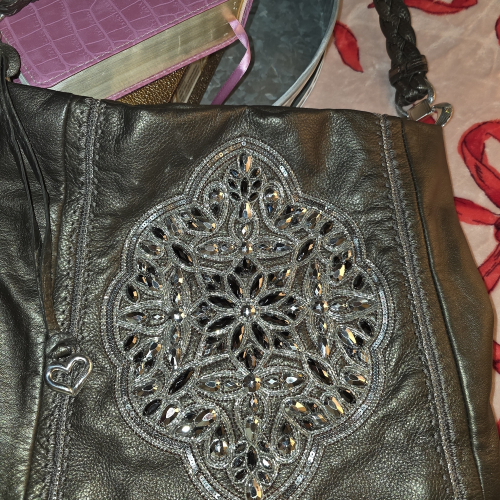 Embellished Black Leather Shoulder Bag